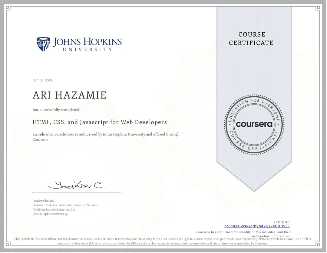 HTML, CSS, and Javascript for Web Developers Certificate